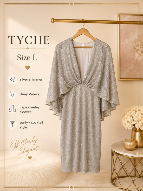 Tyche Dresses & Skirts - Tyche Silver Shimmer Deep V-Neck Cape Dress